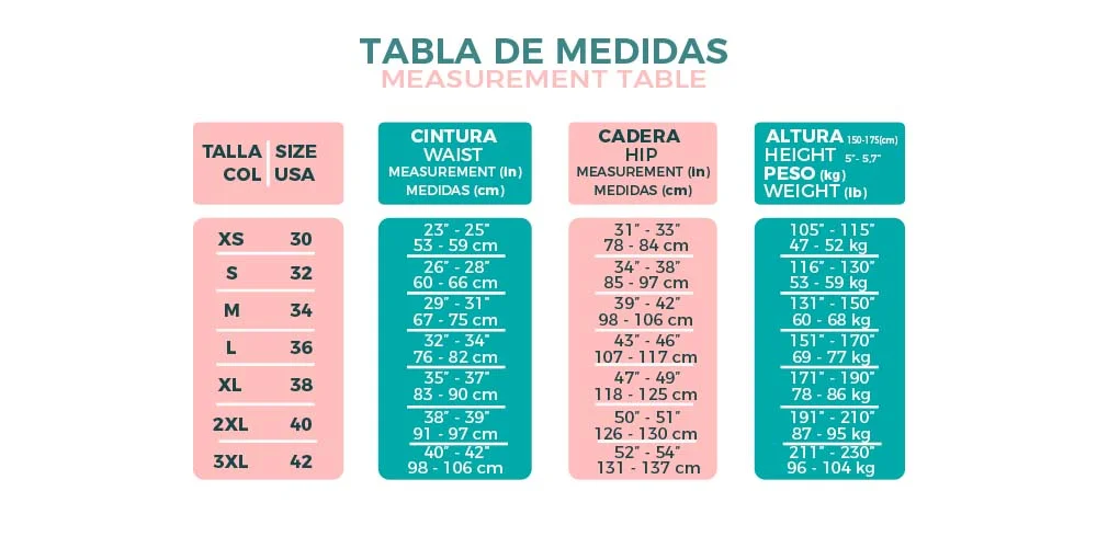 tabla de medidas para fajas postquirúrgicas para liposucción